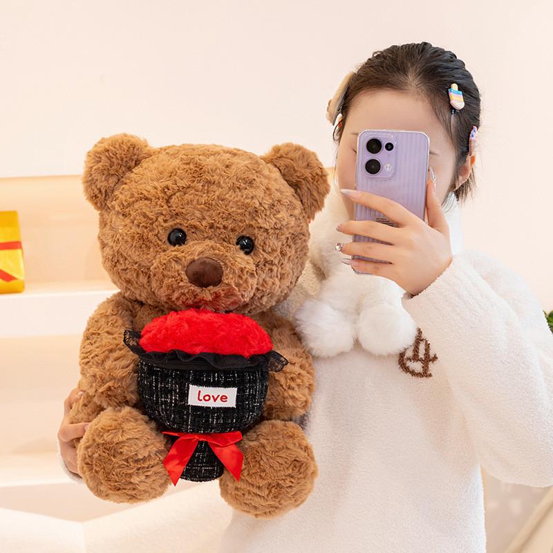 Romantic Teddy Bear Plush Toy With Rose Design For Valentines Day Gift