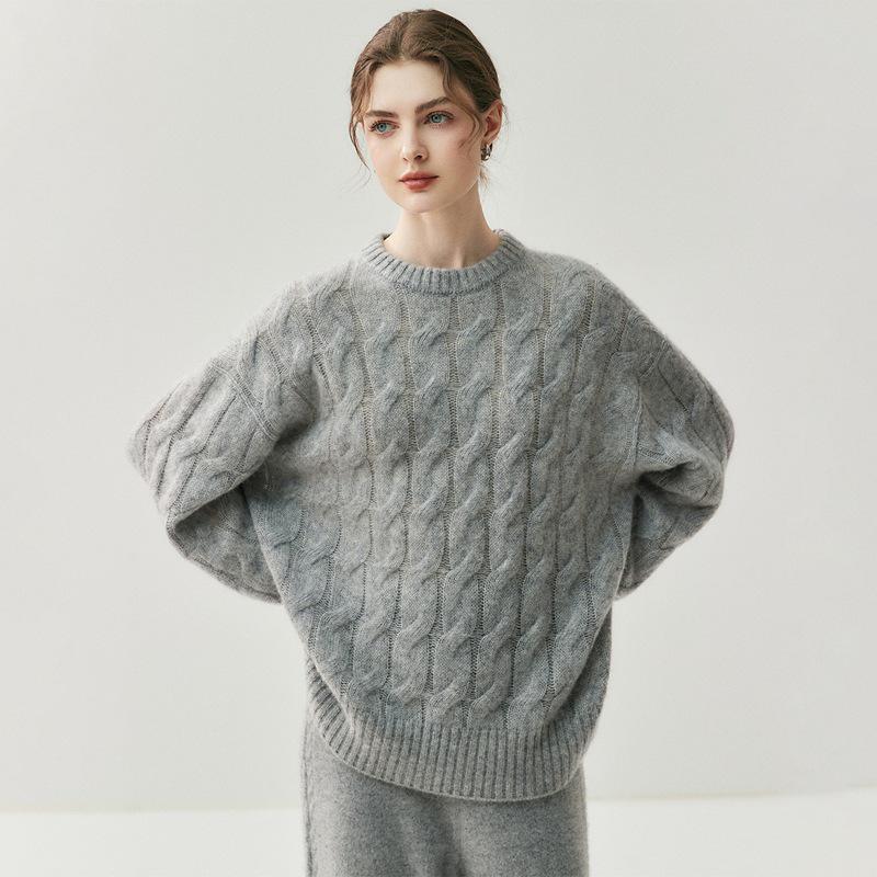 Women's Heavyweight Cable Knit Cashmere Pullover - Fall/Winter Long Sleeve Round Neck Sweater