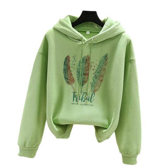 Hoodie Feather Print Long Sleeve Thick Loose Soft Drawstring Hooded Unisex Keep Warm Casual Elastic Cuff Women Men Hoodie
