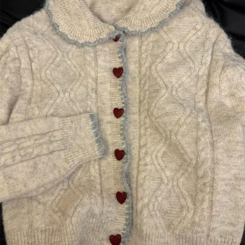 Women's Slimming Heart Button Cardigan - Spring Casual Knitwear with Straight Shoulder and Gentle Style