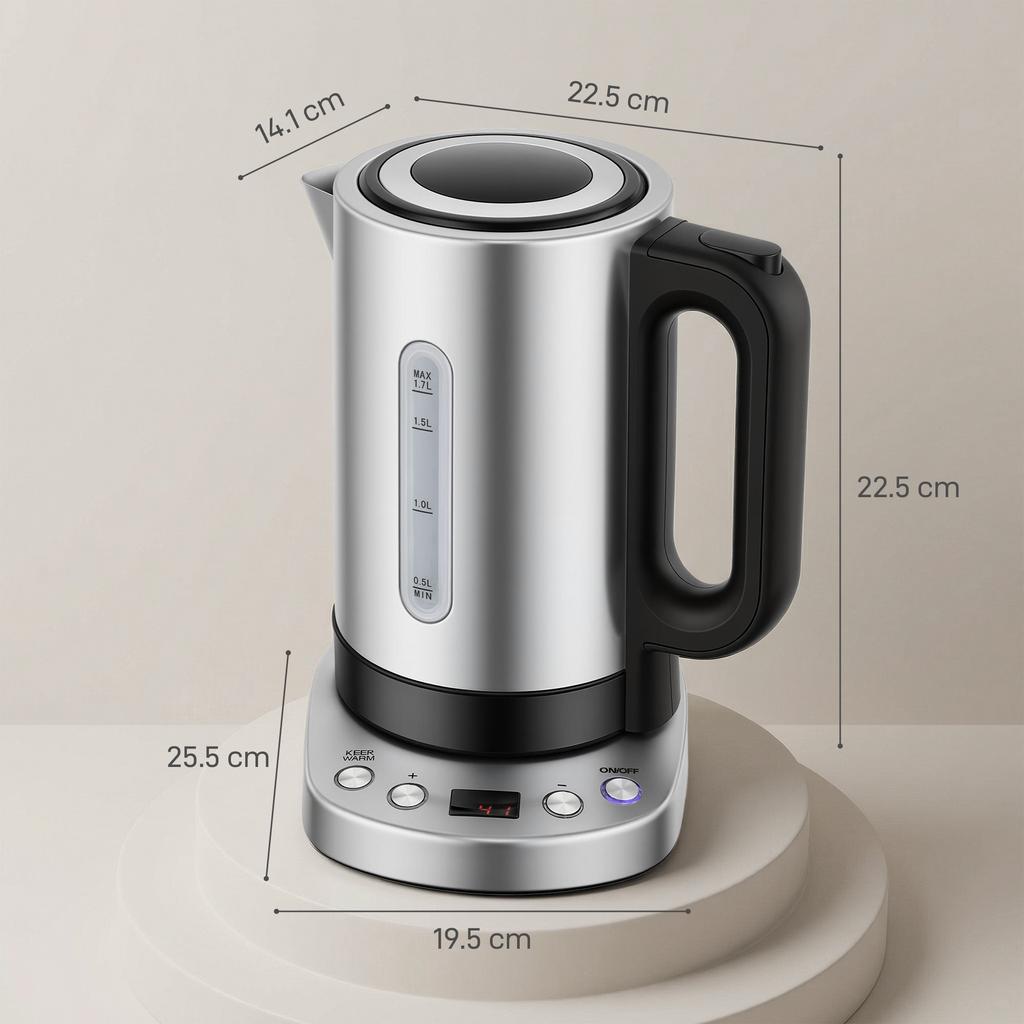 Electric Kettle, 1.7L, Fast Boil, 3kW Water Kettle with UK Strix Thermostat, Keep Warm Function, LCD Base, Silver Tone