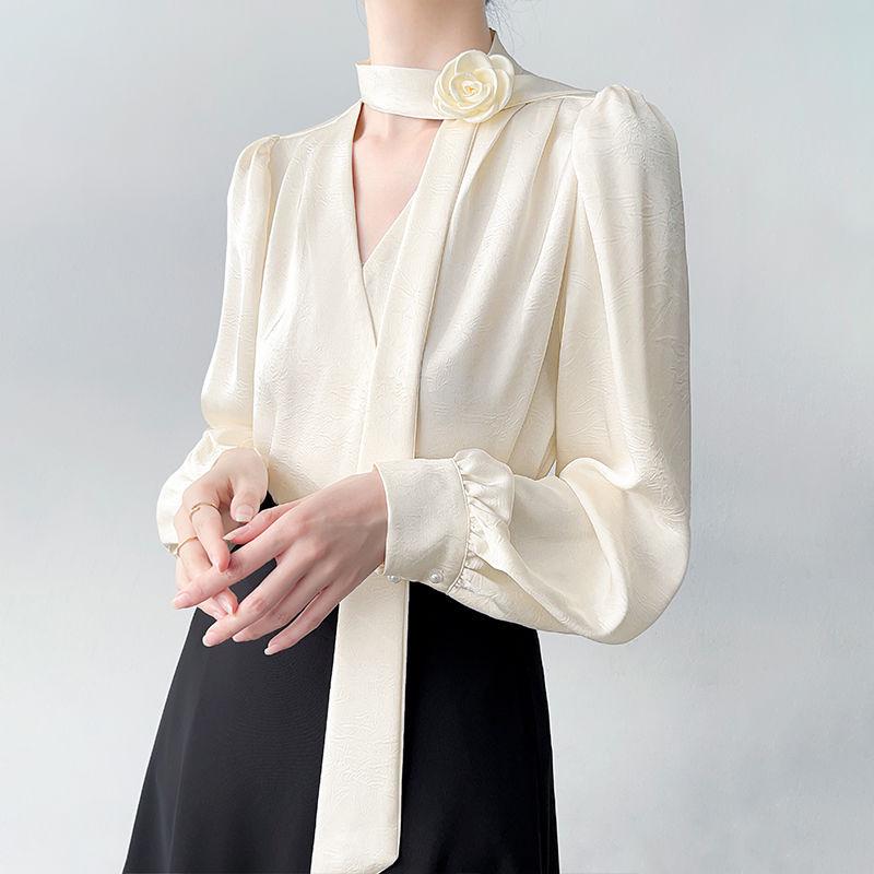 

High-End French Acetate Satin Collar Shirt for Women - Autumn 2025 Spring Collection Small