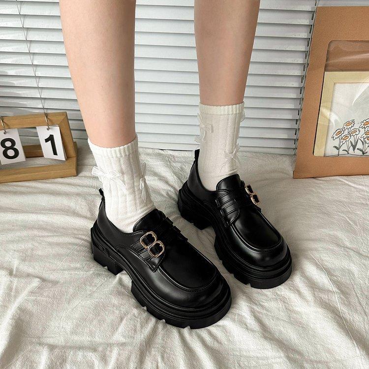 Chunky Heeled Small Leather Shoes Female Fall Black Casual Wild One Foot Stirrups Le Fu Shoes