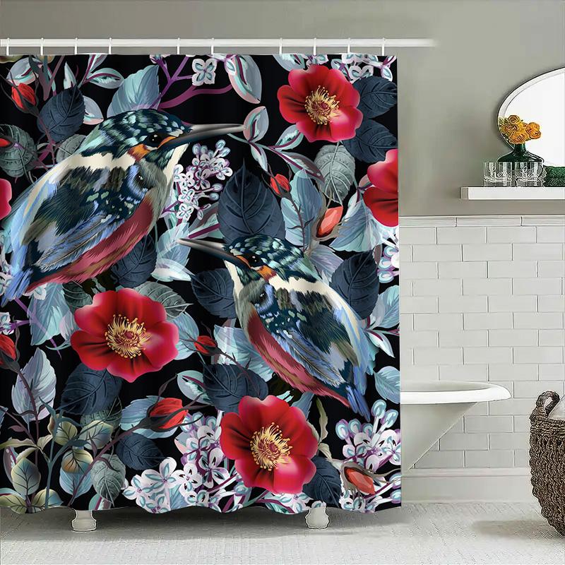 

Вдохновленный природой декор для ванной комнатыЦветочная шторка для душа с птицами для ванной комнаты Водонепроницаемая ткань с черным фоном (Размер 72x84) 90x180cm