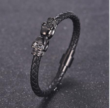 Hyperbole Men Jewelry Black Braided Leather Bracelets Men Stainless Steel Leahter Bracelets Cool Skull Bracelets Men Bracelet