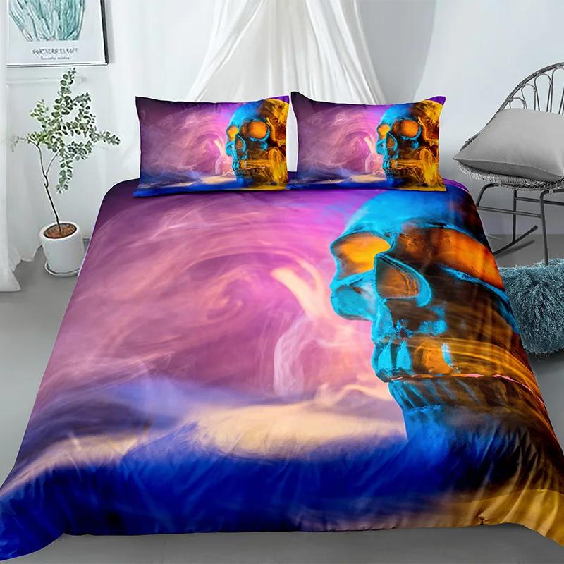 Skull Duvet Cover King Halloween Comforter CoverGothic Fog Smoke Skull Skeleton Bedding SetGrey Quilt Cover Room Decor 2/3pcs