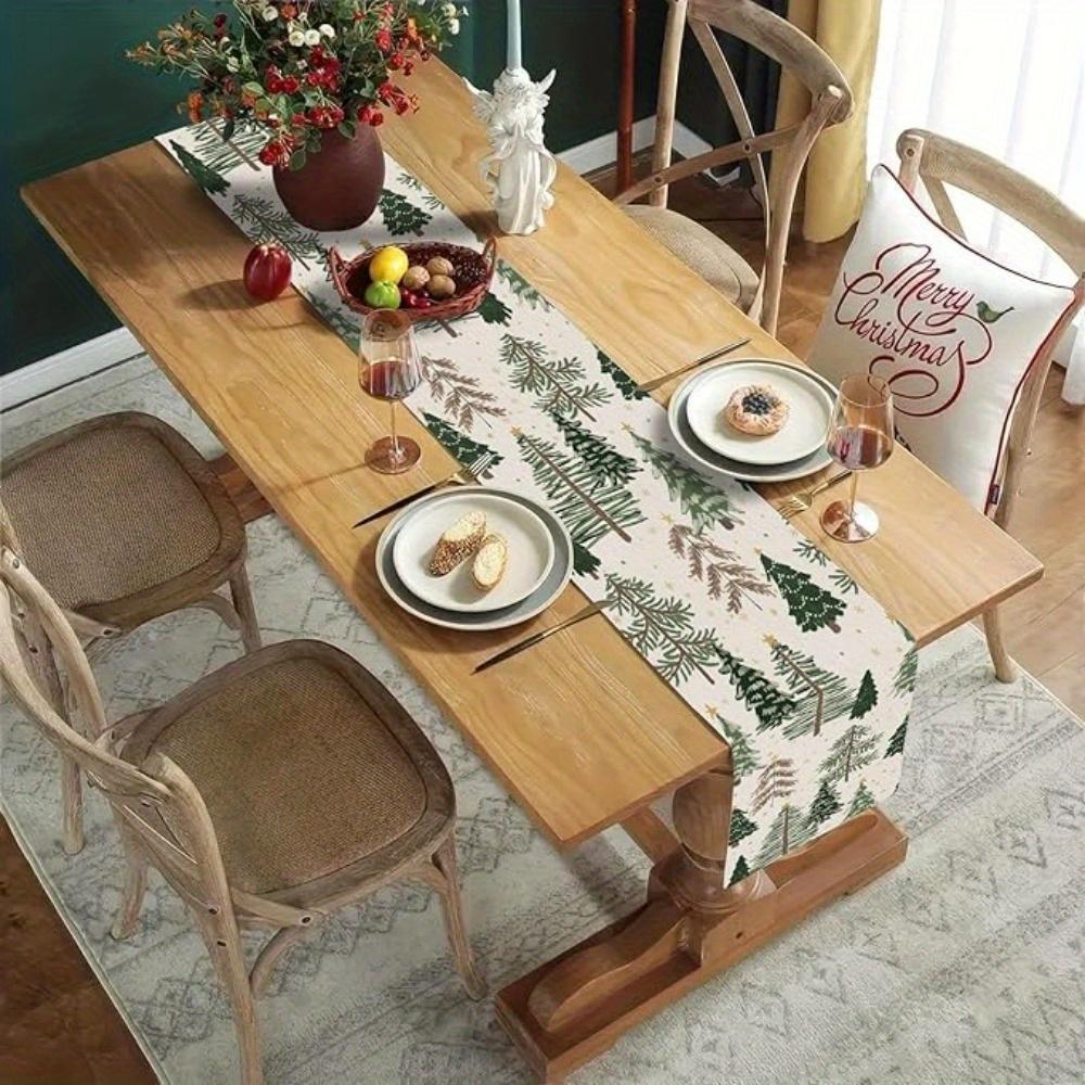 Christmas Linen Table Runner Holiday Party Decor Reusable Winter Watercolor Trees Snowflakes Table Runners Christmas Decorations
