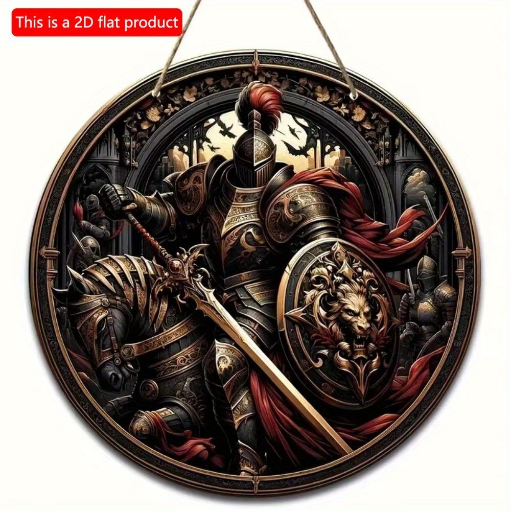 1 Stück 2D Flaches Vintage Mittelalterlicher Ritter Kunst Schild - 20cm Rund Holz, Bar Café Veranda Wohnzimmer Schlafzimmer Heimdeko, Rustikaler Stil Kreative Wanddeko