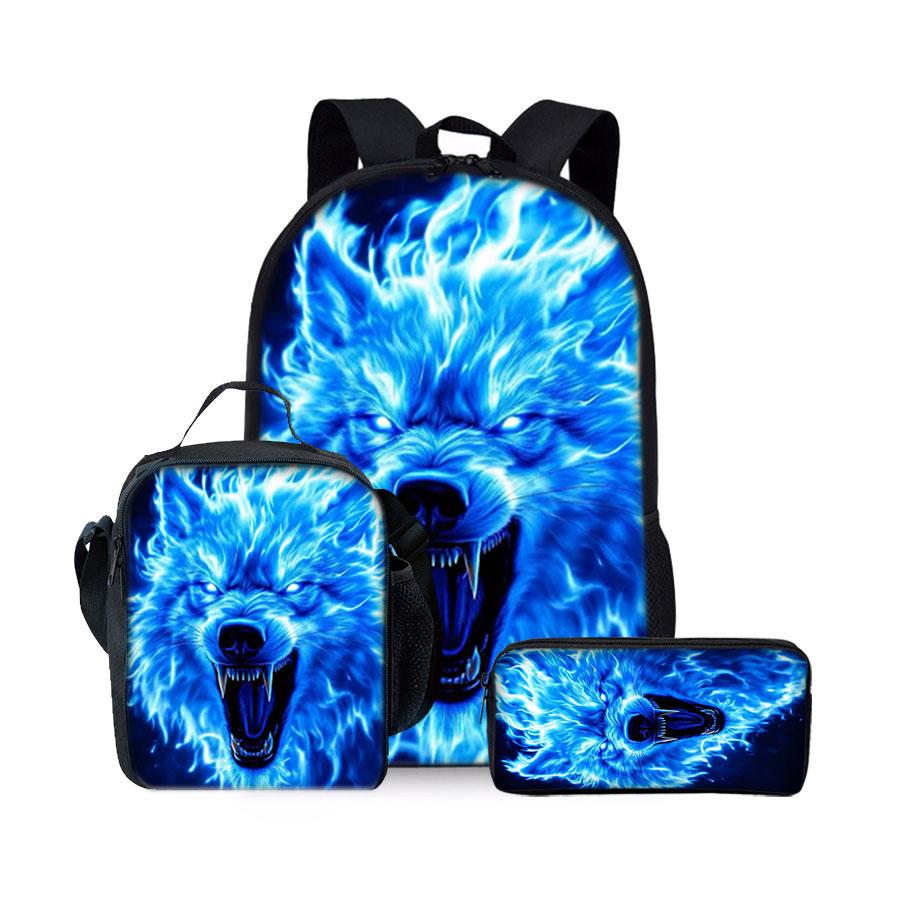 Ensemble trois pièces motif Loup et Course Sacs à dos pour Garçon et Filles Meilleurs Cadeaux Sac à dos scolaire plat dessin animé 2D pour Enfants