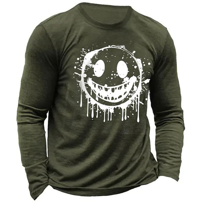 Men's Casual Autumn Breathable Long Sleeve Crewneck Printed Evil Smiley Face Pattern Clothing Y2K Top Men's Long Sleeve