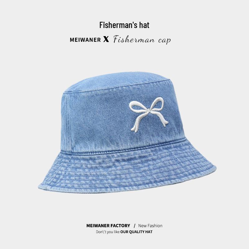 Women's Spring/Summer Bowknot Denim Fisherman Hat - Casual & Versatile Outdoor Sun Hat