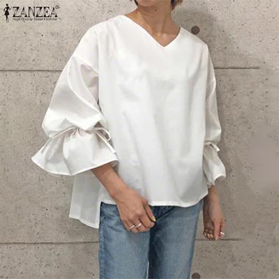 Women Casual V-neck Solid Color 3/4 Loose Blouse