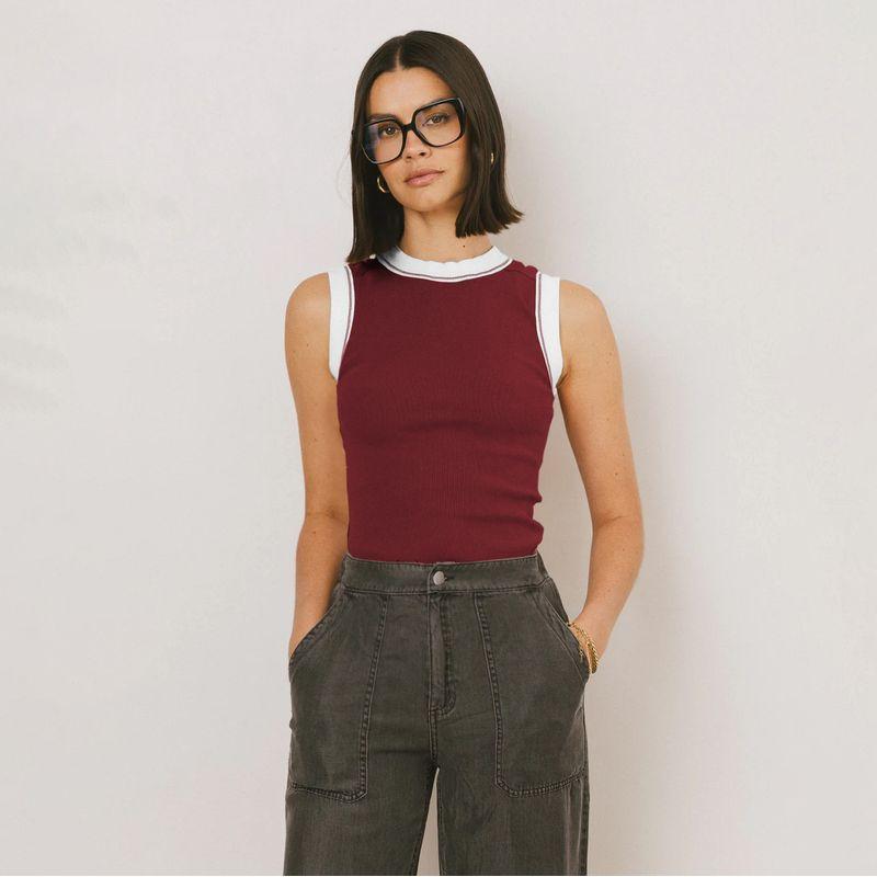 

Fall 2025 New Fashion Knitting round Neck Contrast Color Fake Two-Piece Sleeveless Vest T-shirt Sports Yoga Outerwear Top E25B1680-012# wine red L