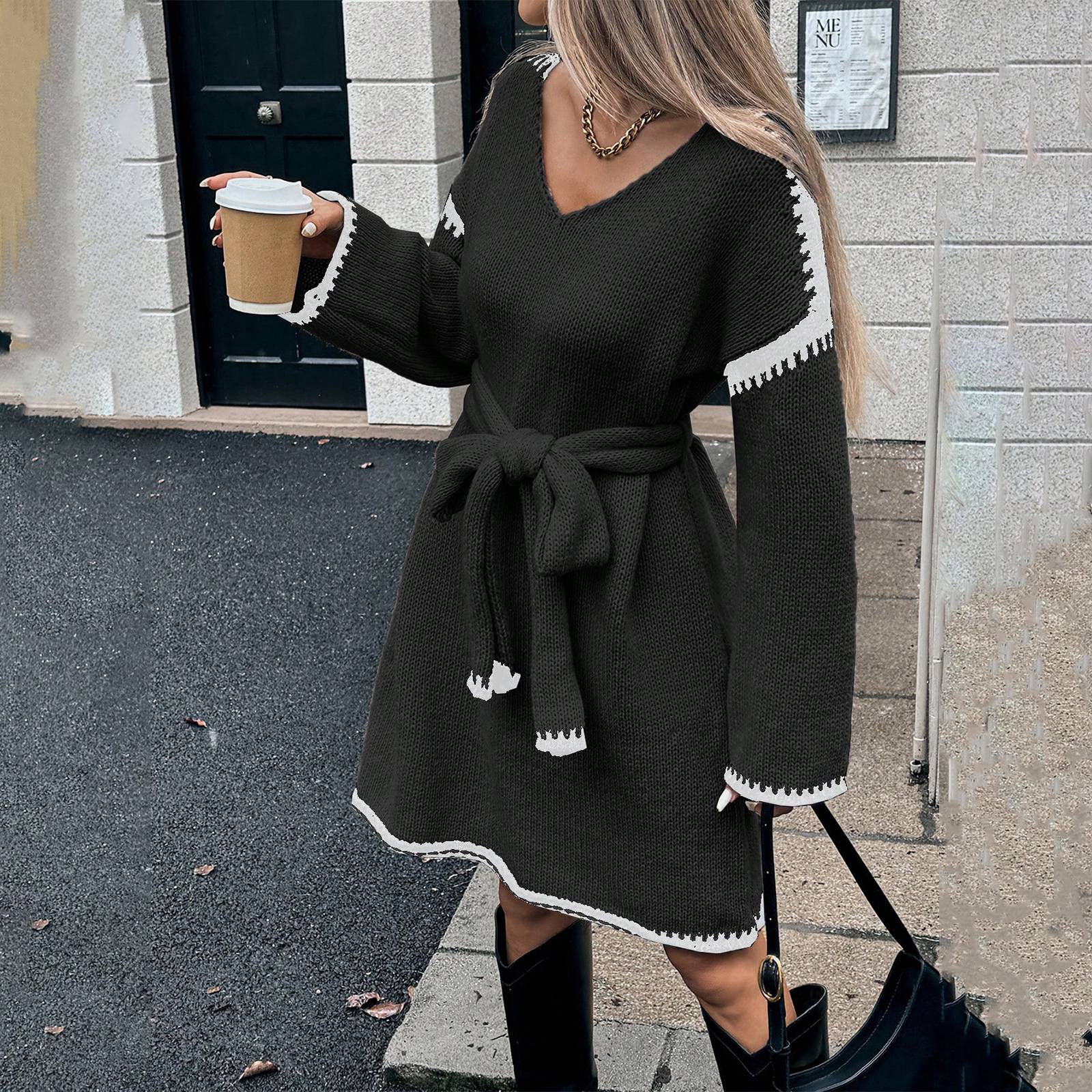 

Женское расслабленное модное миди-платье свободного кроя с V-образным вырезом и завязкой на талии L чёрный