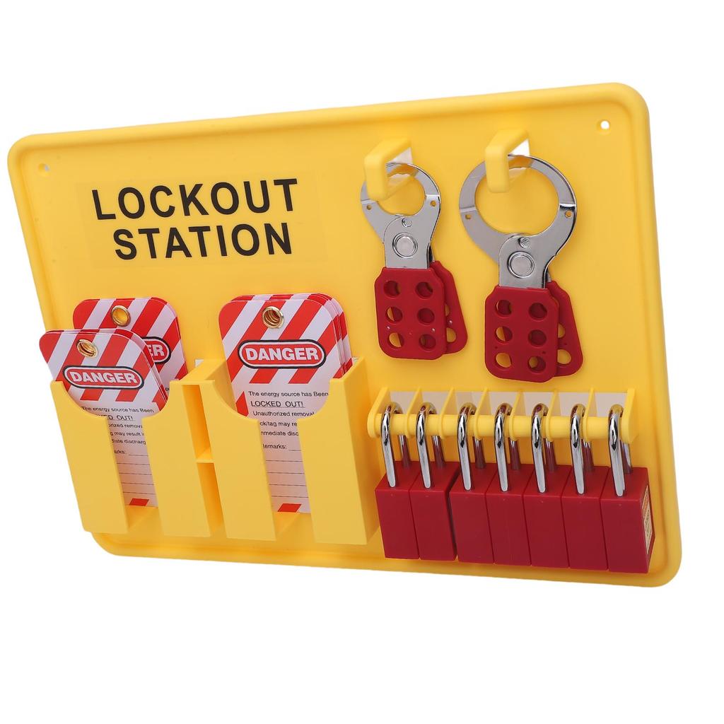 Lockout Tagout Station Kit PC PA Wall Mount Industrial Safety Lock Board Set with 10 Tags 2 Hasp Lock Yellow