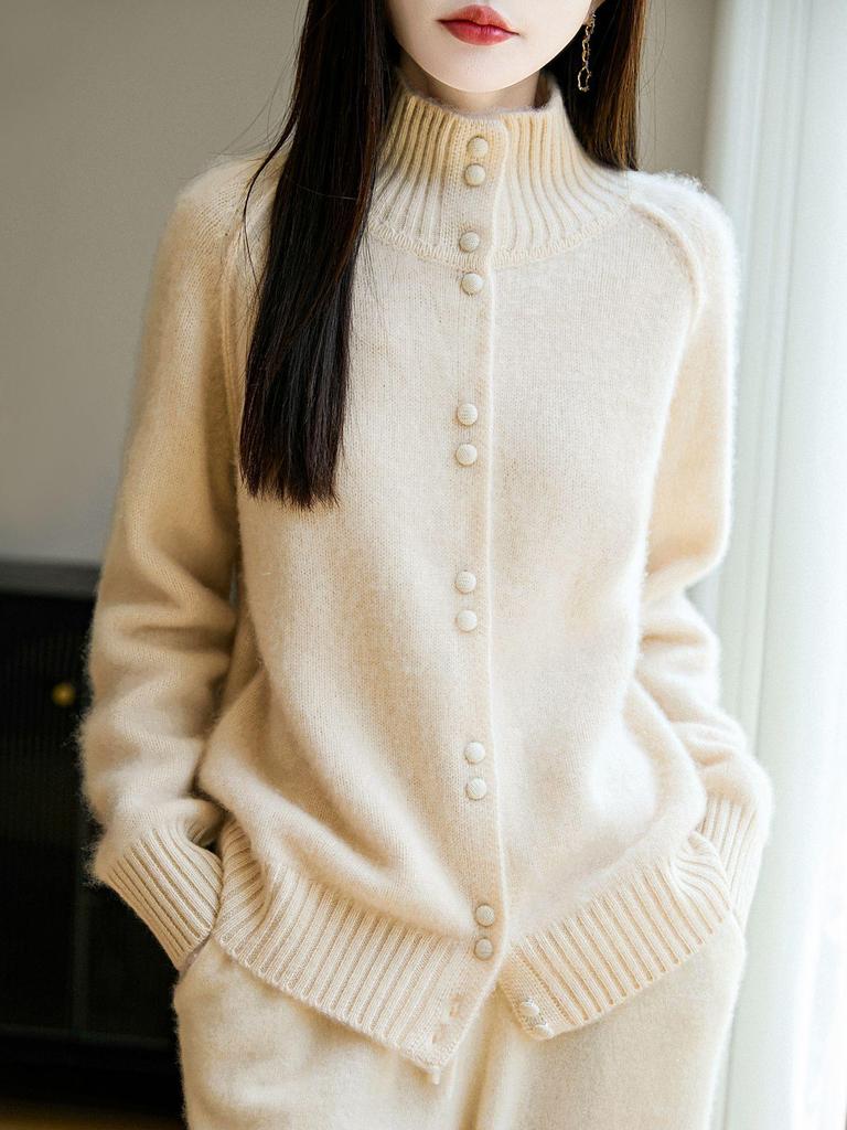 Women's Heavyweight Pure Wool Stand Collar Cardigan for Autumn/Winter