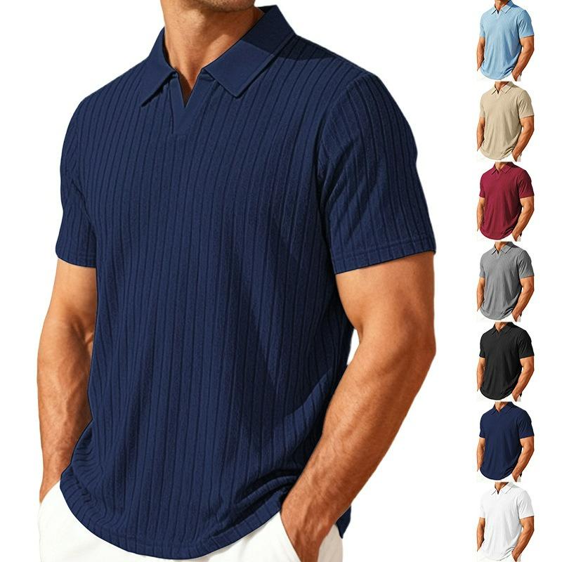 Summer Casual Breathable Towel Jacquard Lapel Men's Striped Short-sleeved Shirt