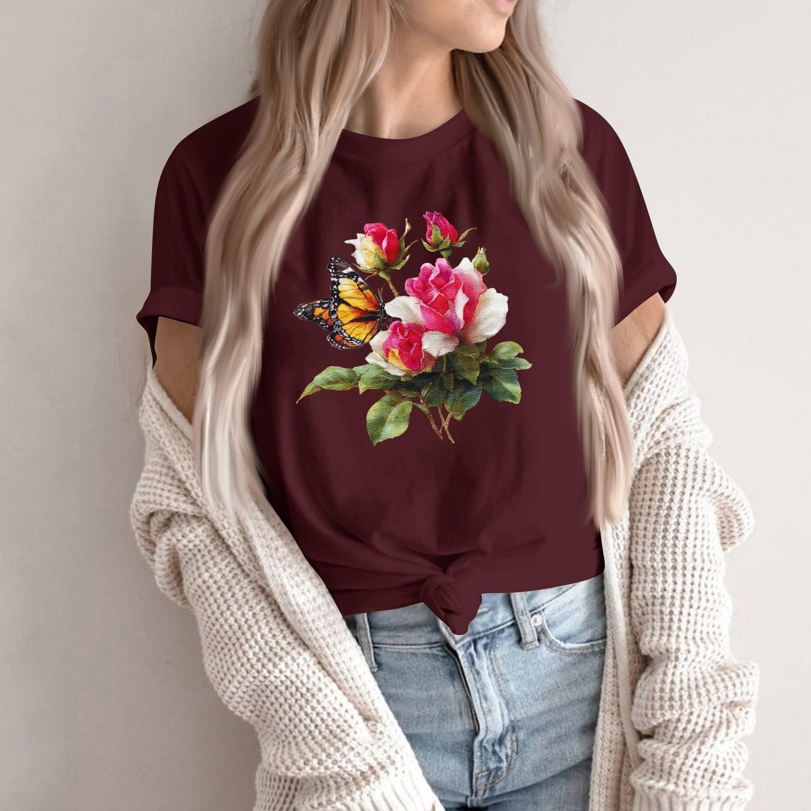 

Women s Fashion Casual Printed Round Neck Short Sleeved Pullover T-Shirt Top XXL винний