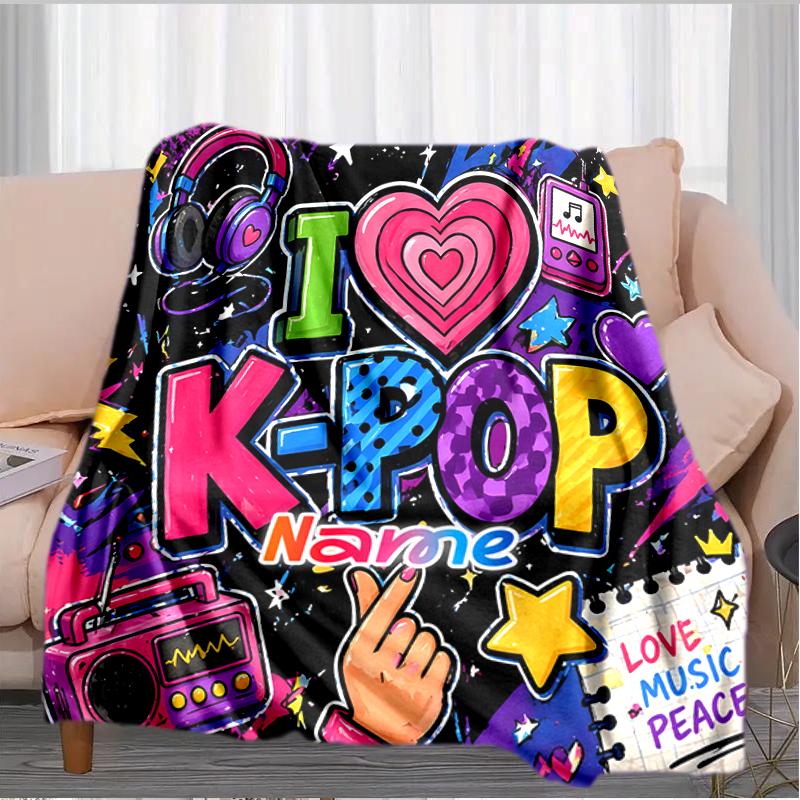 1PC Custom Name K-Pop Love Peace Outdooor Flannel Blankets Throw Blanket All-Season Throw Gift Bedspread for Couch, Bed, Camping Holiday Birthday Gift