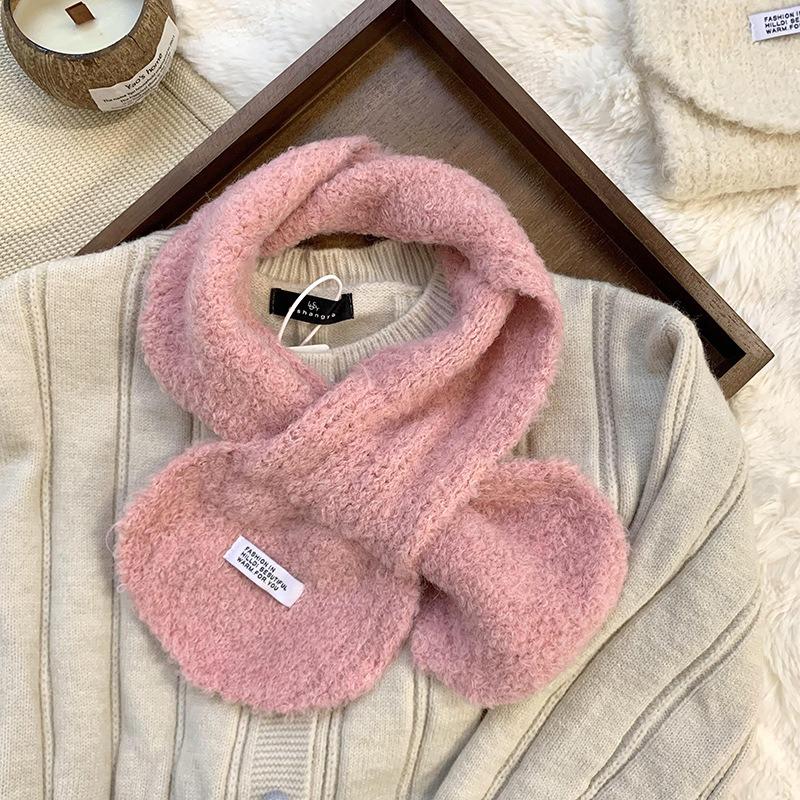 Autumn and winter scarf women's new versatile small ears solid color small scarf knitted wool cross scarf