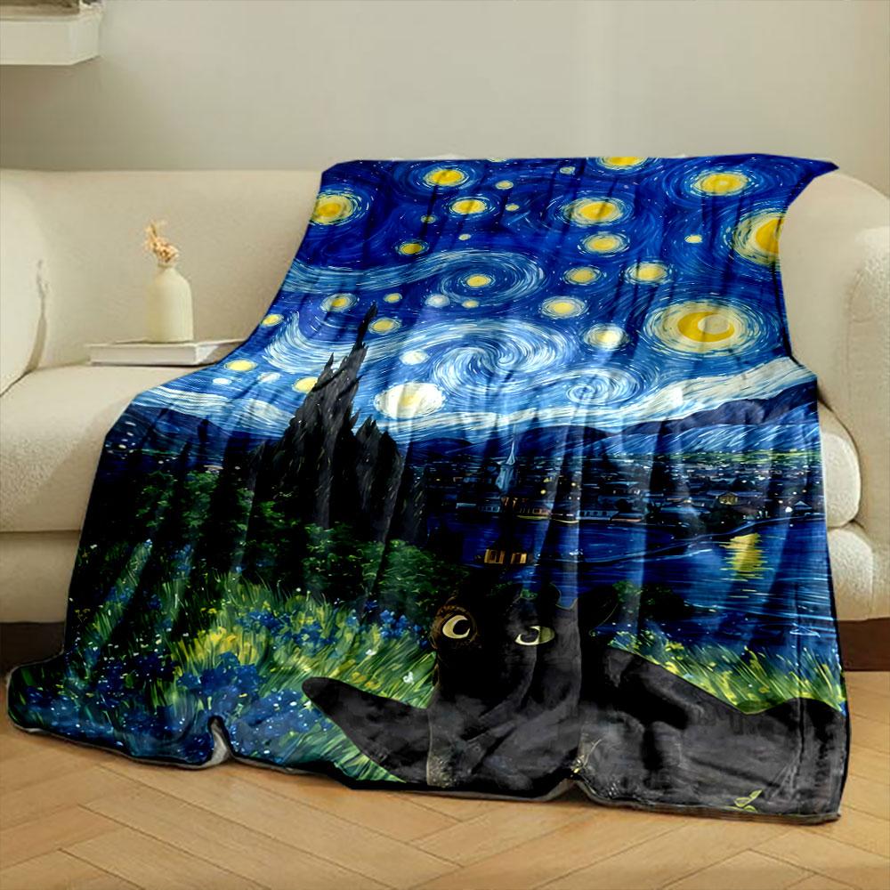Swirling Starry Sky with Vibrant Yellow Stars Over a Peaceful Town. for All Seasons Blanket Lunch Break Throw Gift