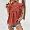Women Summer Loose Green Blouse Ruffled Short Sleeve O Neck Tops