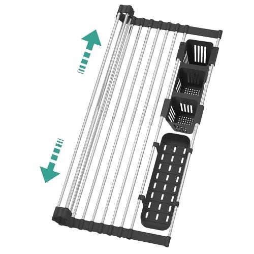 Whonor Folding Dish Drainer, Over-the-Sink Dish Draining Mat, Stainless Steel, Antibacterial, Rust-Proof, Non-Slip, Space-Saving, Dish Storage, Roll-U