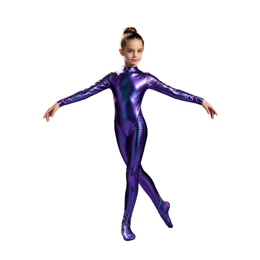 Long Sleeve Front Zip Metallic Footed Bodysuit for Girls Shiny Unitard Jumpsuit Stage Performance Dance Competition