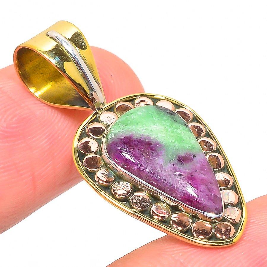 Ruby In Zoisite Lab-Created 925 Sterling Silver Gift Two Tone Pendant 1.50" j3s20
