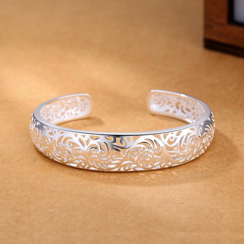 

Korean Ethnic Pattern Hollow Openwork Silver Bracelet for Women - Mori Style Plain Accessory Wristband Jewelry