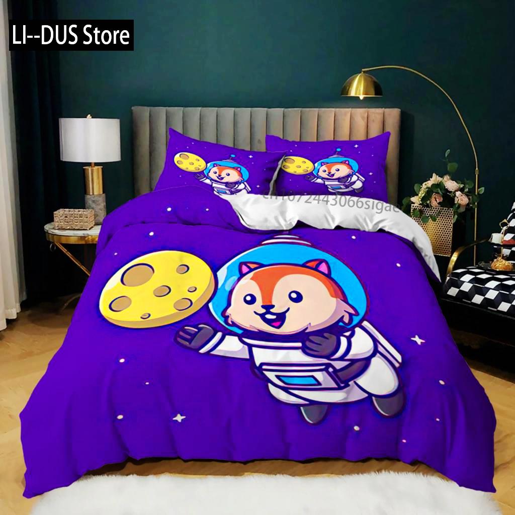 Cartoon Animal Duvet Cover Microfiber Pig Astronaut Red Balloon Pattern Bedding Set Space Universe Animal Theme King Quilt Cover