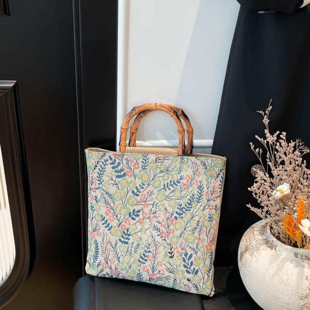Cloth Material Bamboo Knot Handbag Floral Flower Print Vintage Chinese Style Tote Large Capacity Artistic Jacquard Tote Bag