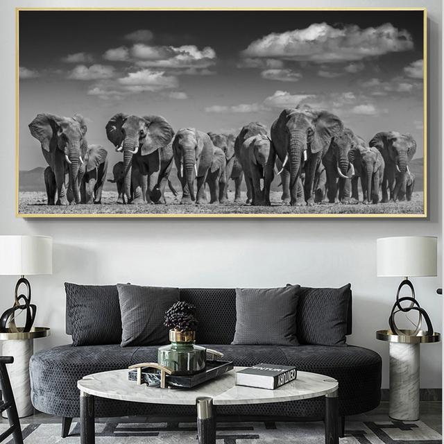 Black and White Posters and Prints with Animals, Canvas Painting, Family Painting with African Wild Elephant On the Wall, Home Decor, No Frame
