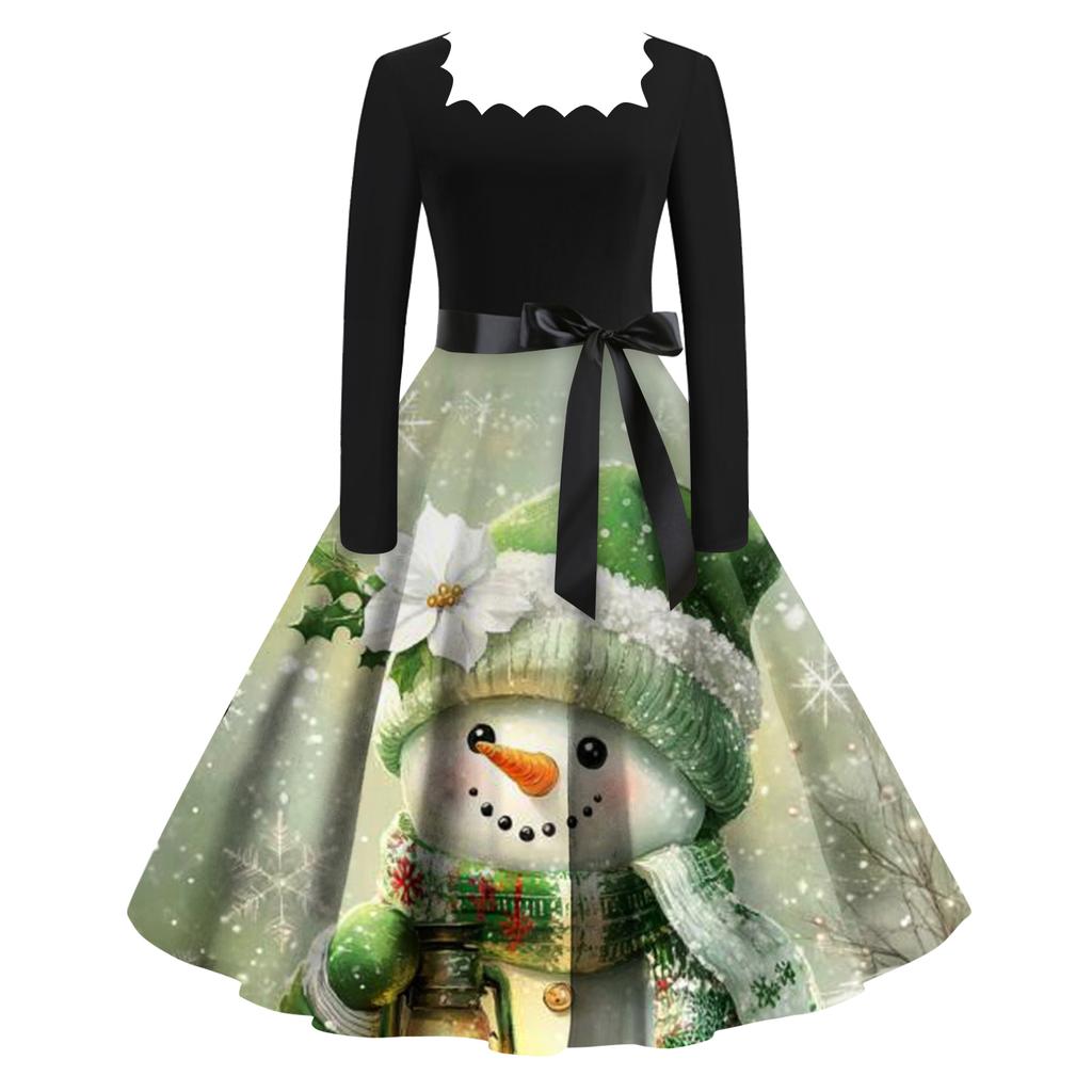 Women's Fashion Retro Long-sleeved Square Collar Christmas Printed Evening Dress