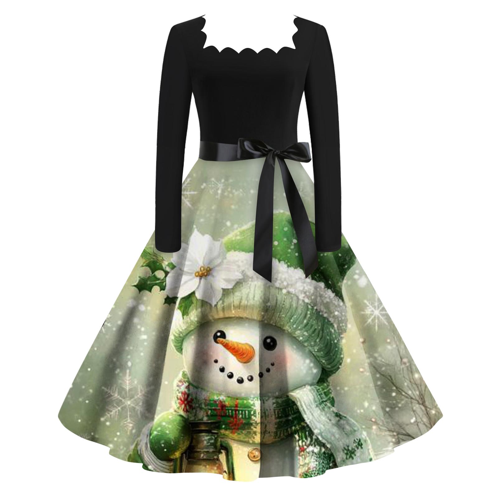 

Женское модное ретро вечернее платье с длинным рукавом, квадратным вырезом и рождественским принтом L армия зеленый