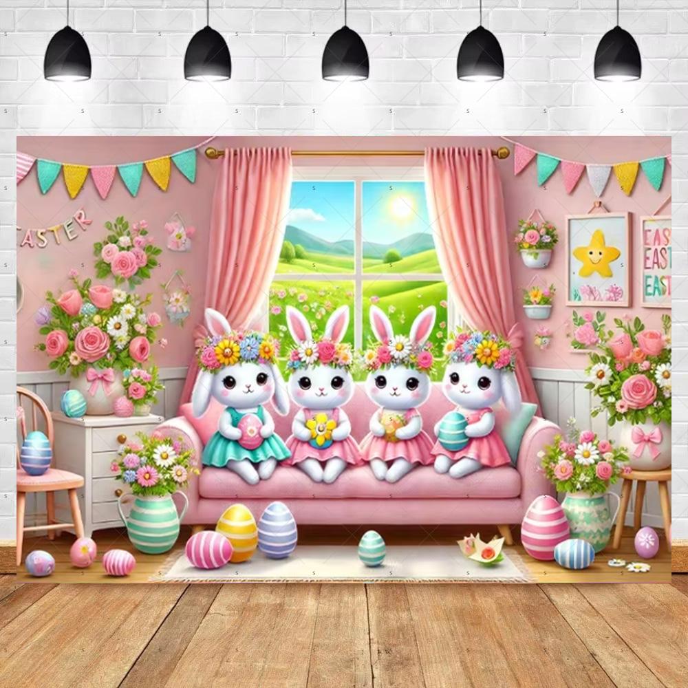 Spring Vibrant Rabbit Backdrop Supplies Happy Easter Theme Background Banner Bunny Easter Eggs Party Decoration Photography Prop