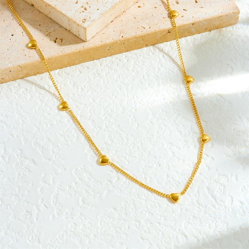 Gold Plated 3D Heart Station Chain Necklace, Stainless Steel Dainty Heart Pendant Choker, Waterproof Minimalist Jewelry for Women Gift