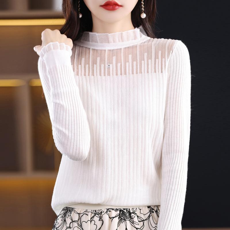 Spring and Summer Women's Short Lace Half-high Neck Lace Splicing Long Sleeve Pullover Bottoming Knitwear
