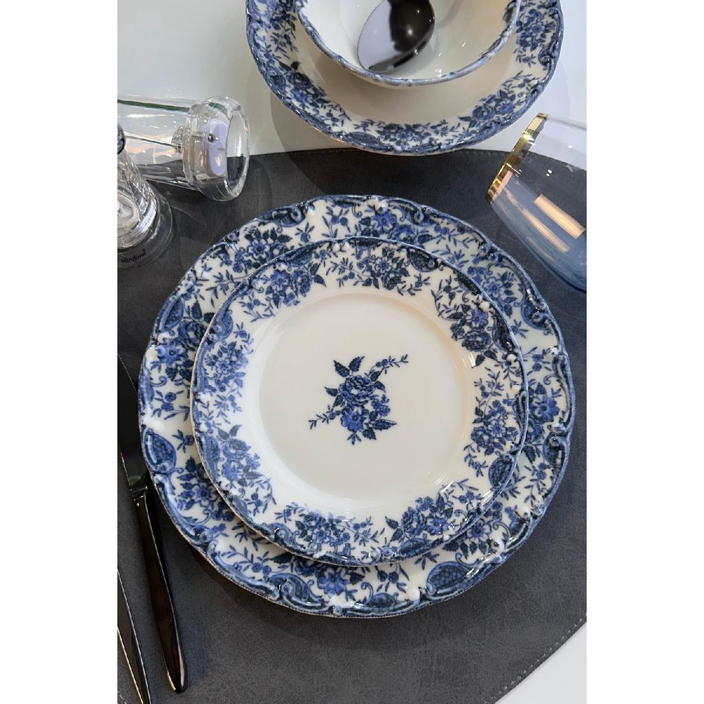 Set de cină din porțelan premium, albastru antic, 24 de piese, pentru 6 persoane, cu flori albastre