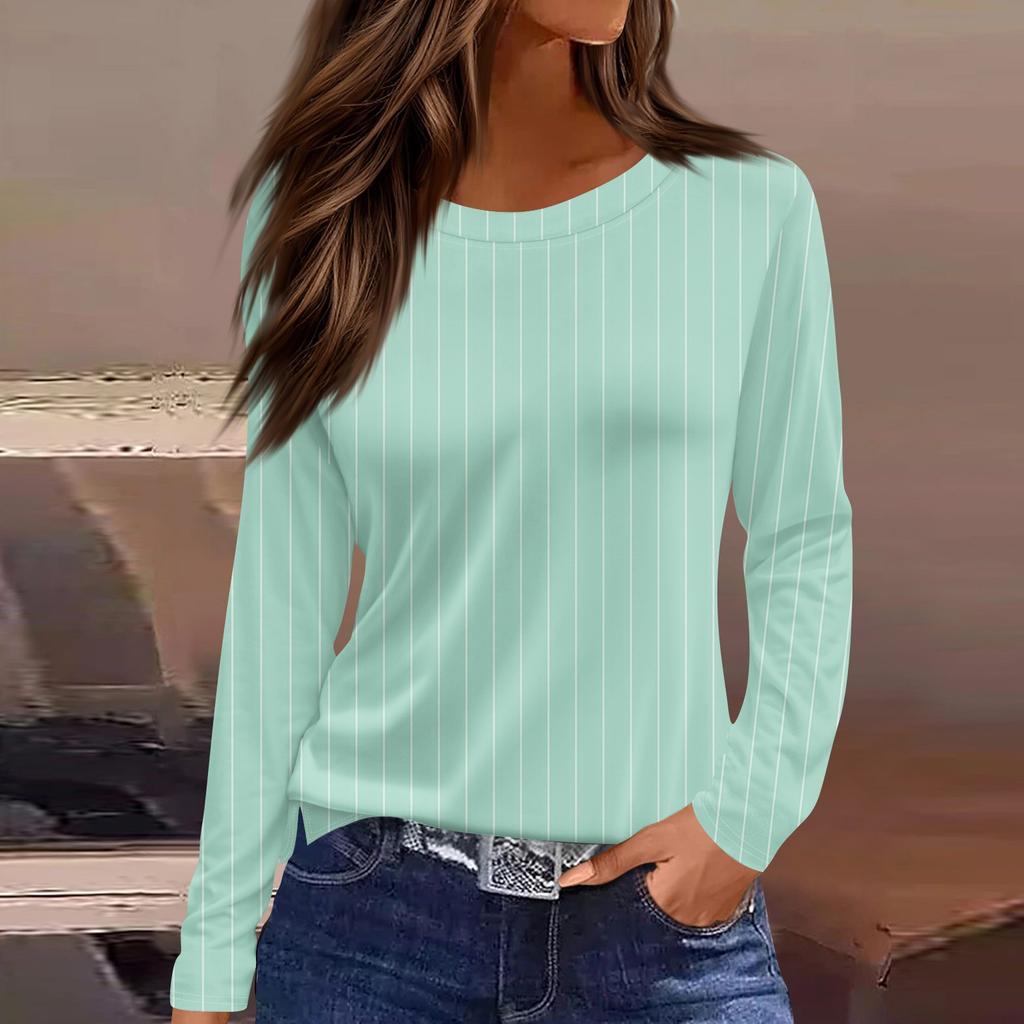Women's Fashion Casual Slit Hem Round Neck Long Sleeve Loose  Printed T-Shirt Ladies Top