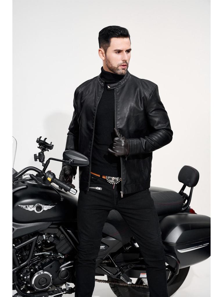 Men's PU Leather Motorcycle Jacket, Casual Retro Stand Collar Outerwear
