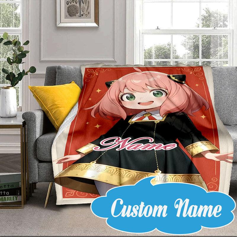 Custom Name Adventure Cute Anya Blanket bed sofa Blanket Flannel Blanket for Camping, Hiking, Picnic Essentials,gift for Fan family