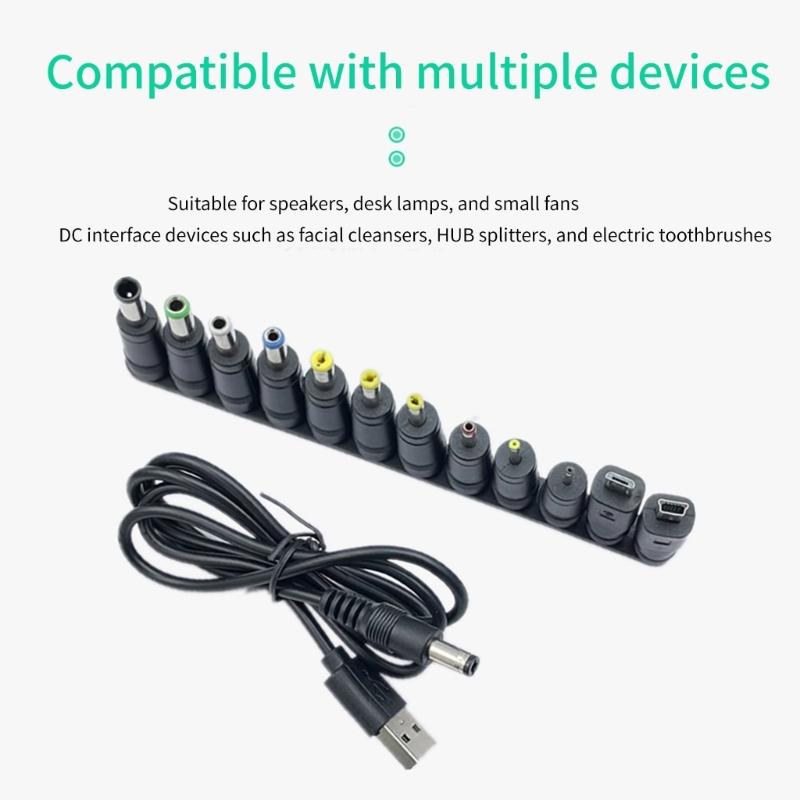 USB to DC5.5x2.1mm 5V Charging Cord Universal Power Cable with 12 Connector Adapters for Multiple Electronic Devices