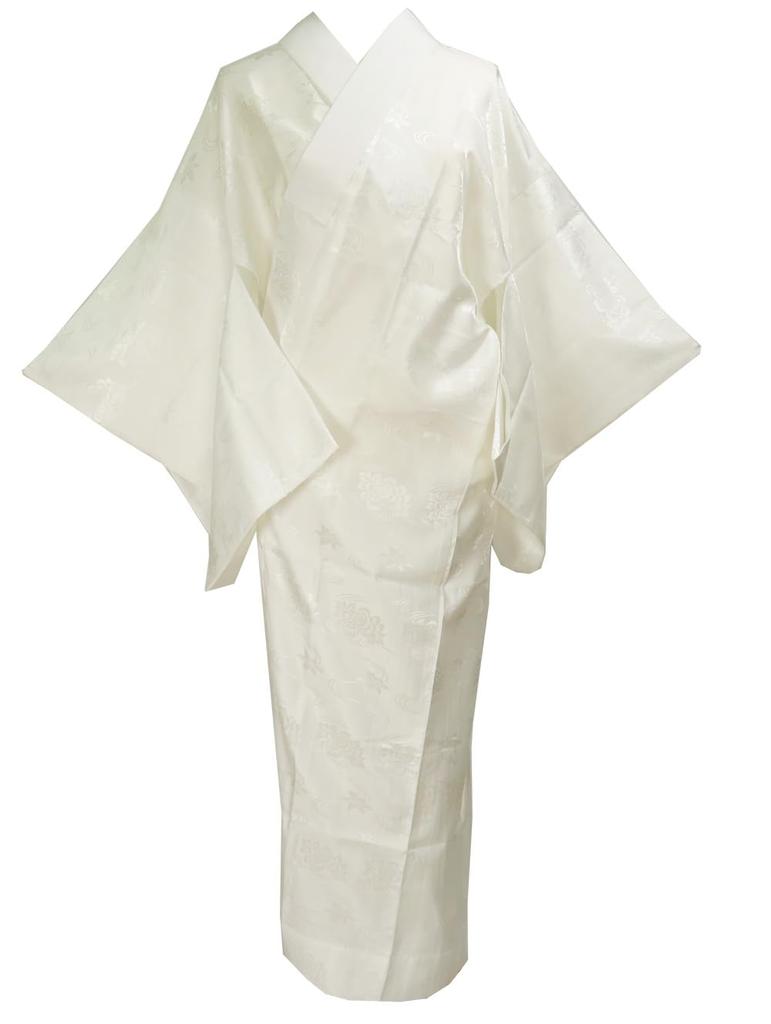 Washable Nagajuban (undergarment for kimono), Polyester, White, Rinzu (figured silk), One-piece style, S, M, L, LL, with attached collar, woven