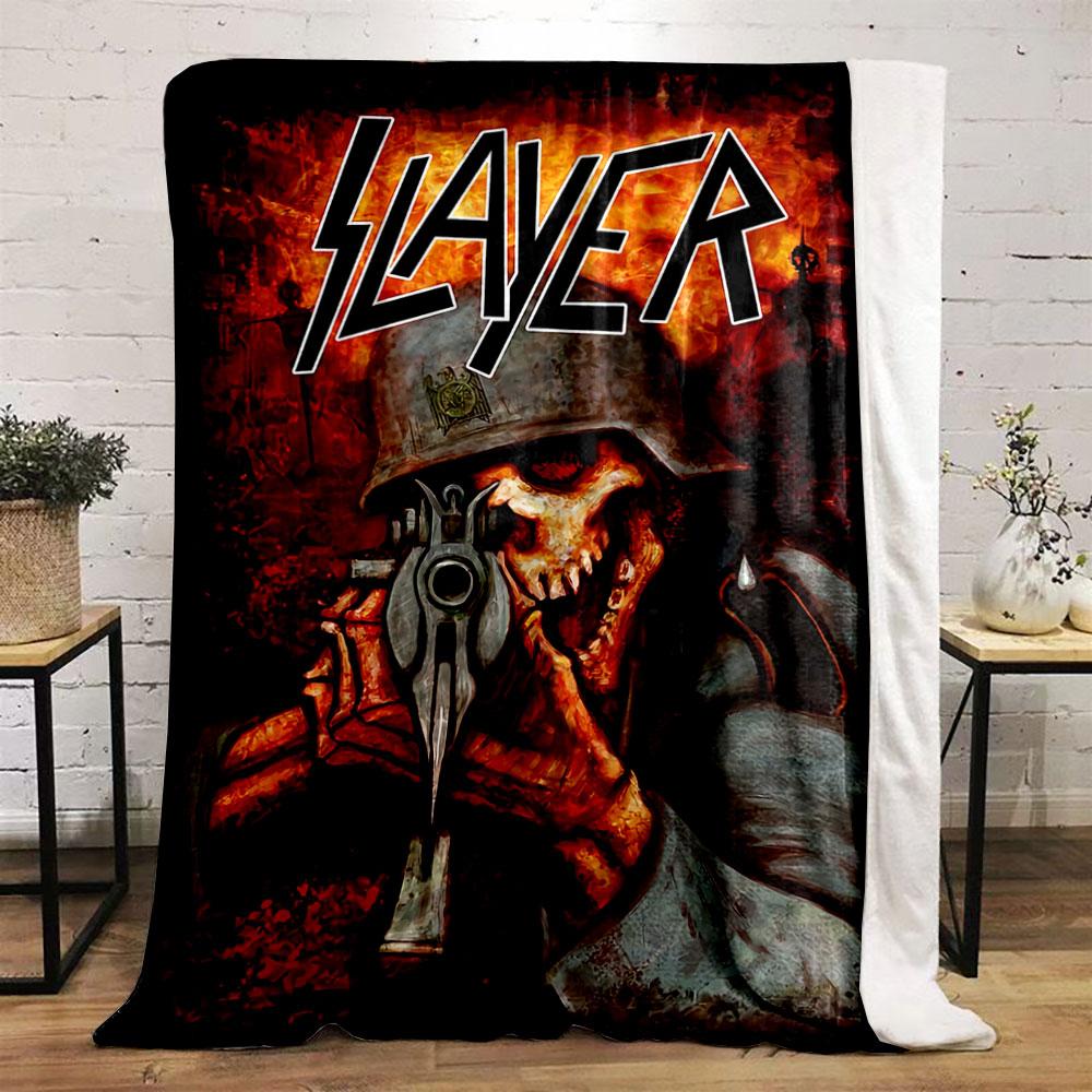 A skeletal soldier aiming a rifle in a fiery, dark apocalyptic backdrop. for all seasons blanket lunch break throw gift