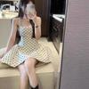 Apricot square neck suspender dress, women's spring innocence, waist short skirt, casual women's polka dot print women