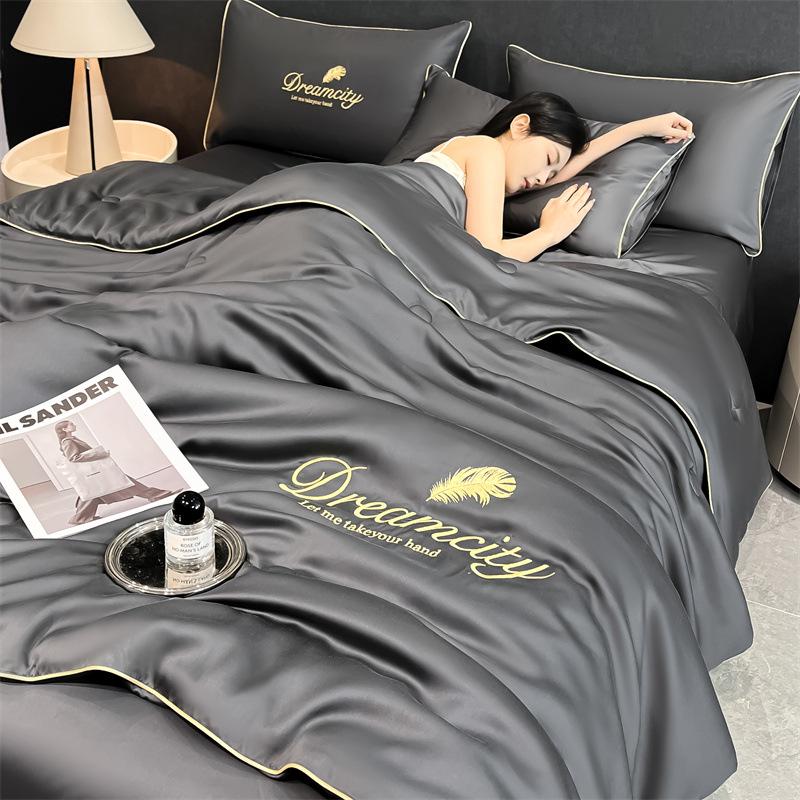 Class A Ice Silk Summer Quilt Set - Cooling, Water Washable, Embroidered, Air Conditioning Friendly, Thin Quilt for Naked Sleep