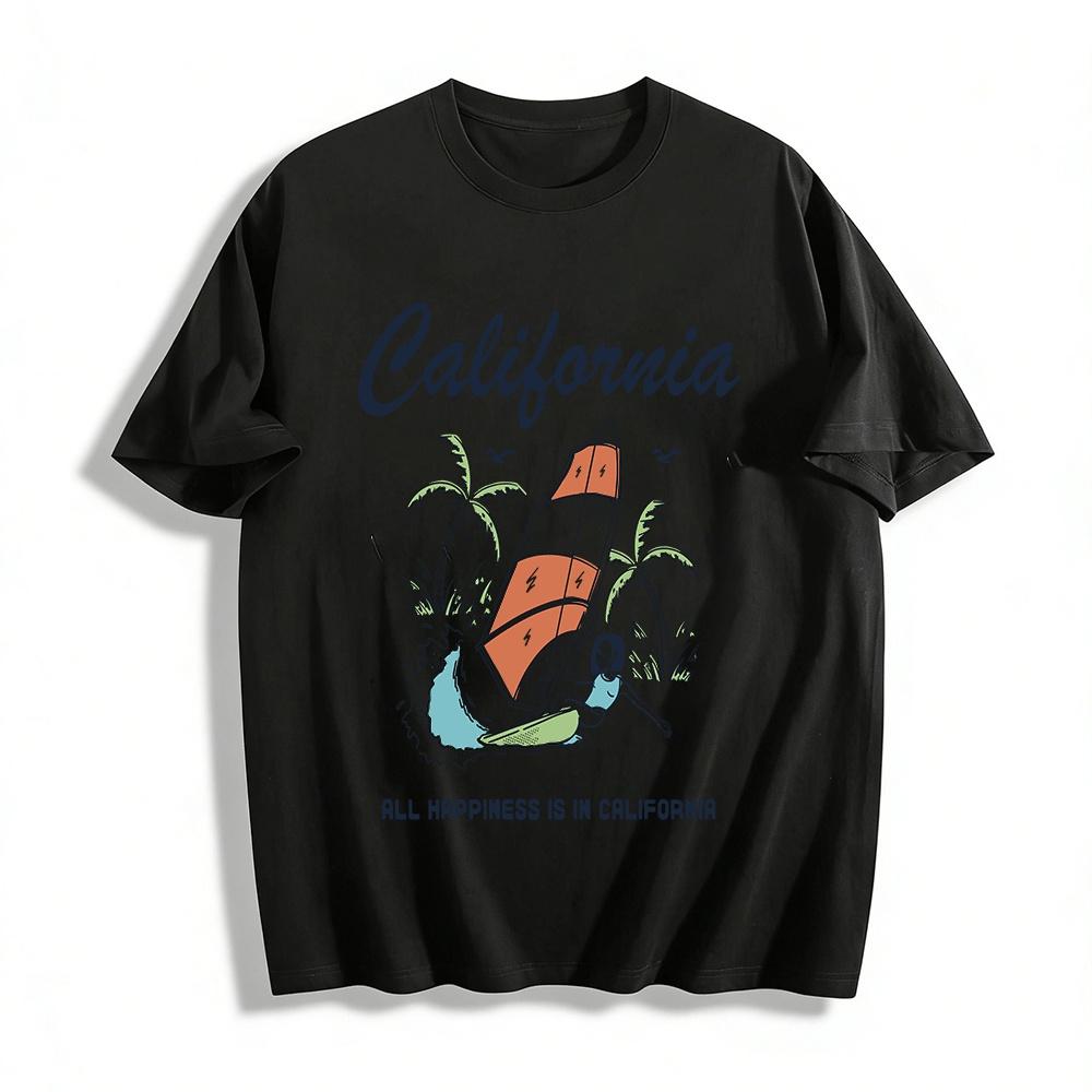 

California Windsurfing Print Vacation Style Casual Loose T-Shirt Pure cotton T-shirt XXS