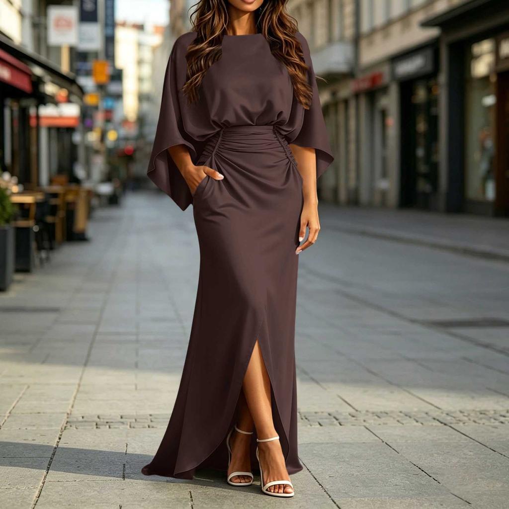 Robe longue plissée pour femme avec poches, taille cintrée, coupe ajustée, pour le quotidien et le travail