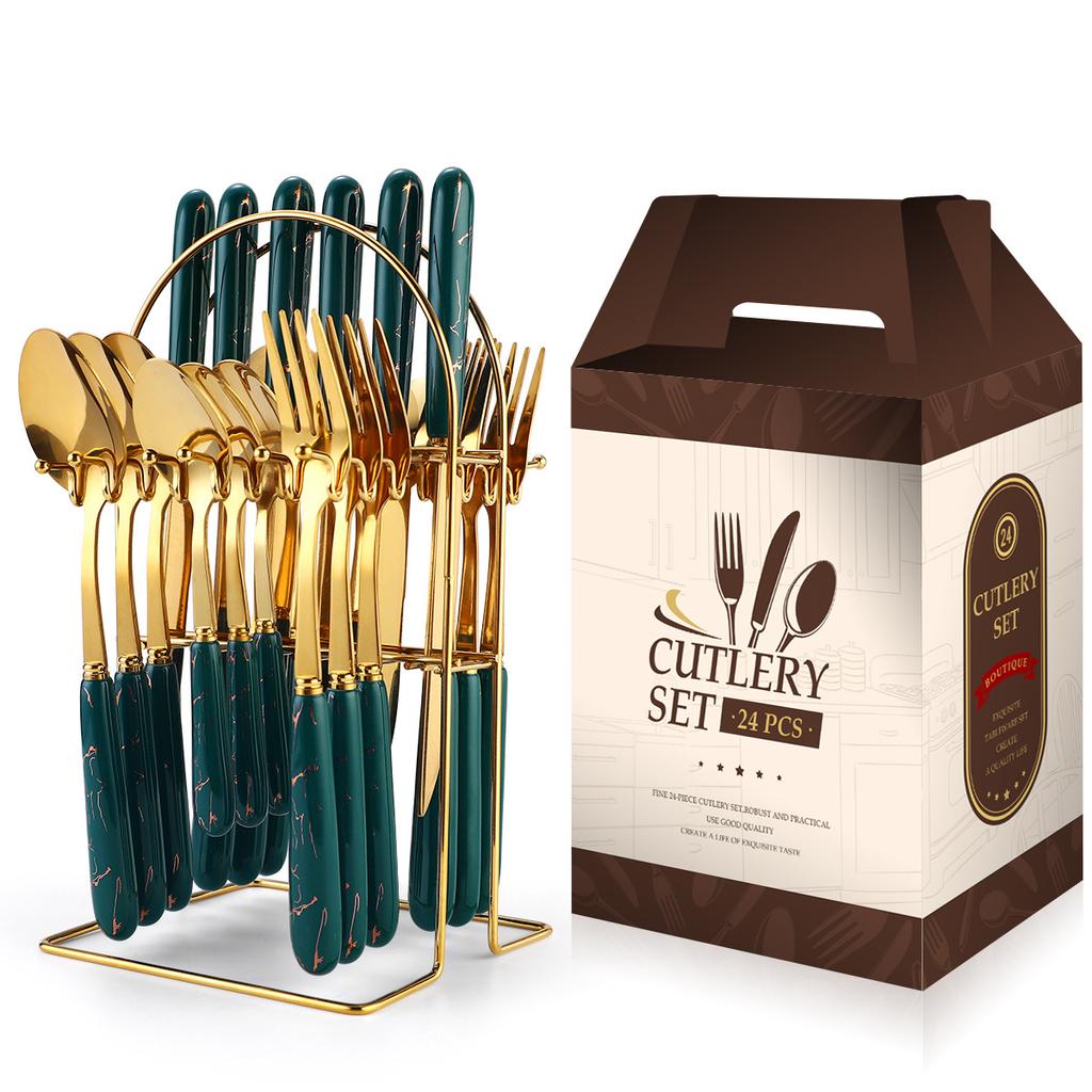 2026 Ceramic Handle Stainless Steel Tableware Set 24-piece Set Household Gold Knife and Fork Spoon Storage Shelf Gift Box